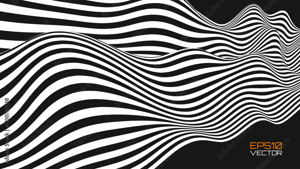 Poster Abstract Optical Illusion Waves Pattern. A Stream Of Black And White Lines Forming A Wavy Distortion Effect. Contrast Minimalistic Style Lines Texture Vector Illustration.