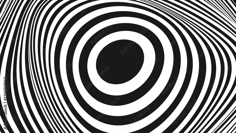 Poster Psychedelic Warped Circles Lines Optical Illusion Texture. Abstract Geometric Background Vector Design. Abstract Black and White Optical Illusion Surrealism Tunnel Portal Vector Illustration.