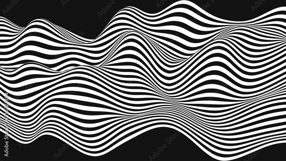 Poster Abstract Optical Illusion Waves Pattern. A Stream Of Black And White Lines Forming A Wavy Distortion Effect. Contrast Minimalistic Style Lines Texture Vector Illustration.