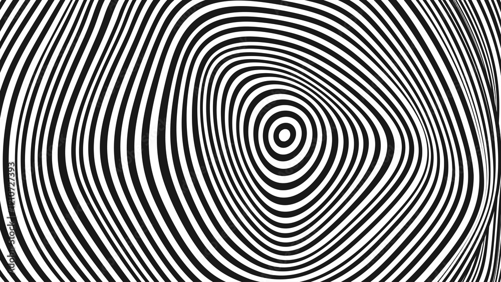 Poster Psychedelic Warped Circles Lines Optical Illusion Texture. Abstract Geometric Background Vector Design. Abstract Black and White Optical Illusion Surrealism Tunnel Portal Vector Illustration.