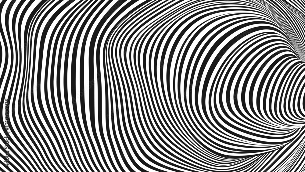 Poster Psychedelic Warped Circles Lines Optical Illusion Texture. Abstract Geometric Background Vector Design. Abstract Black and White Optical Illusion Surrealism Tunnel Portal Vector Illustration.