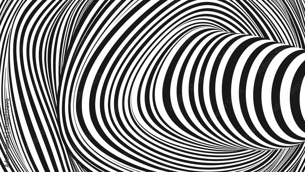 Poster Psychedelic Warped Circles Lines Optical Illusion Texture. Abstract Geometric Background Vector Design. Abstract Black and White Optical Illusion Surrealism Tunnel Portal Vector Illustration.