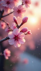 Morning sun highlights frosty cherry blossoms, cherry blossom, sparkling