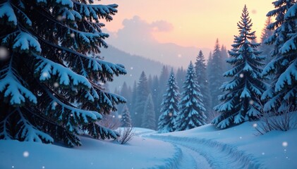 Snowflakes gently falling on a serene evergreen forest at dusk, winter scenery, serene landscape, misty forest