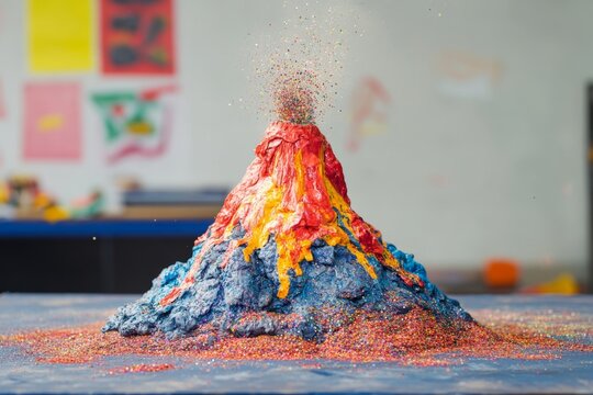 Colorful erupting volcano science experiment with glitter explosions