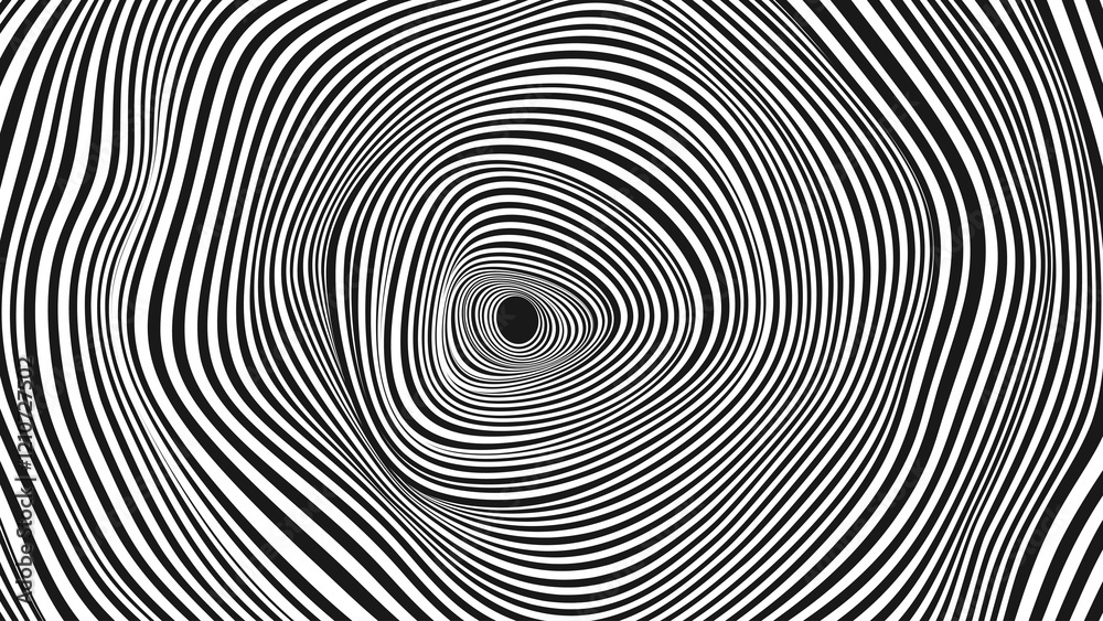 Poster Psychedelic Warped Circles Lines Optical Illusion Texture. Abstract Geometric Background Vector Design. Abstract Black and White Optical Illusion Surrealism Tunnel Portal Vector Illustration.