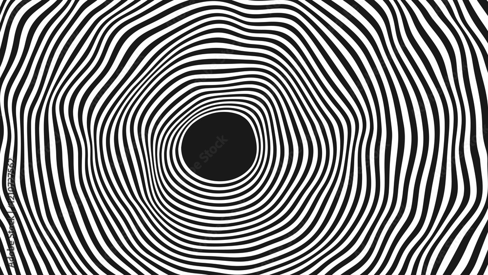 Aufkleber Psychedelic Warped Circles Lines Optical Illusion Texture. Abstract Geometric Background Vector Design. Abstract Black and White Optical Illusion Surrealism Tunnel Portal Vector Illustration.