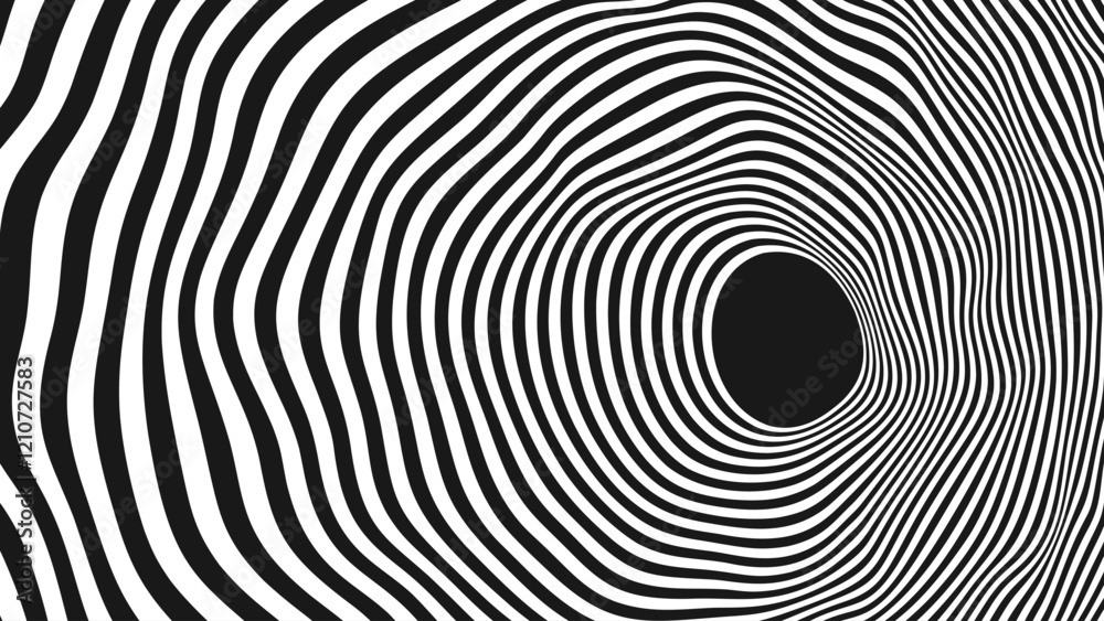 Poster Psychedelic Warped Circles Lines Optical Illusion Texture. Abstract Geometric Background Vector Design. Abstract Black and White Optical Illusion Surrealism Tunnel Portal Vector Illustration.