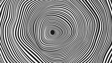 Psychedelic Warped Circles Lines Optical Illusion Texture. Abstract Geometric Background Vector Design. Abstract Black and White Optical Illusion Surrealism Tunnel Portal Vector Illustration.