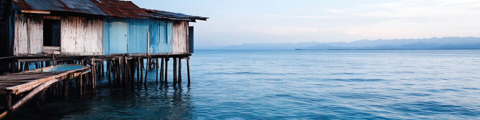 Stilthouse on Bay with Distant Mountains