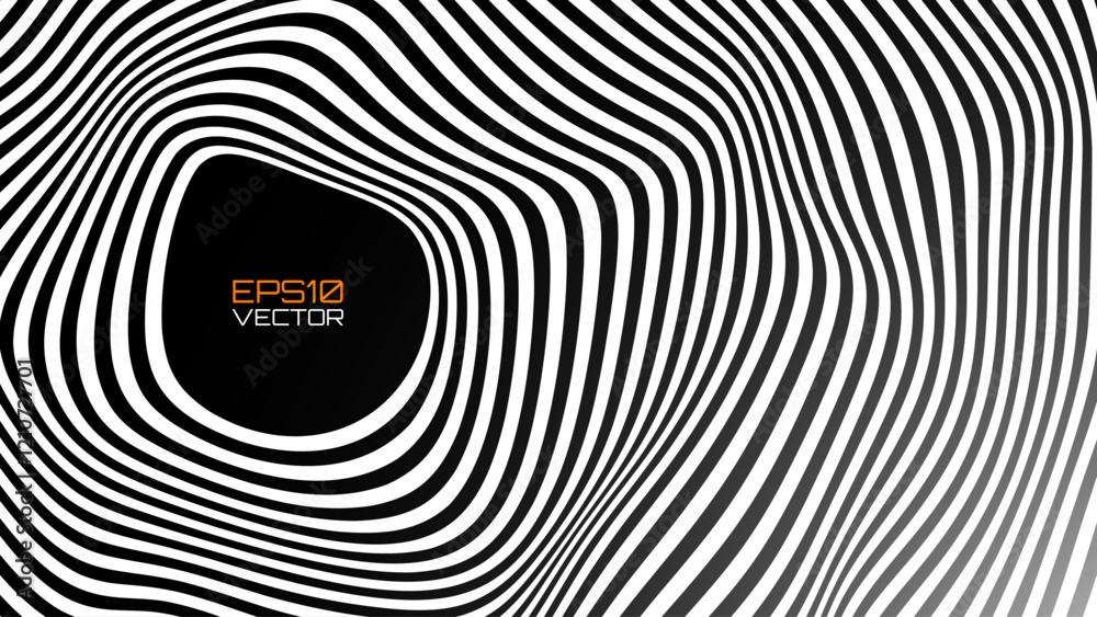 Aufkleber Psychedelic Warped Circles Lines Optical Illusion Texture. Abstract Geometric Background Vector Design. Abstract Black and White Optical Illusion Surrealism Tunnel Portal Vector Illustration.