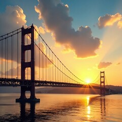 Obraz premium Clouds cast long shadows on suspension bridge at serene golden hour, sky, shadow