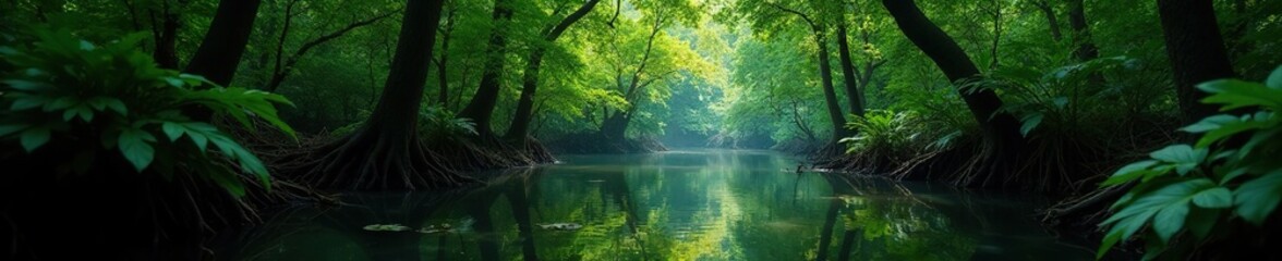 Obraz premium Dense dark green mangrove leaves shading the forest floor, , forests, nature