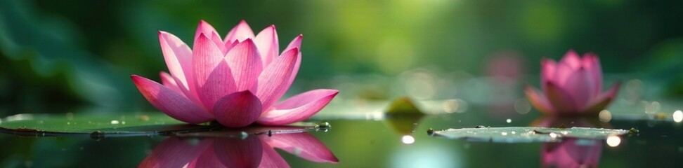 Fototapeta premium Blooming pink lotus on the pond's surface shines, calm, lotus, garden