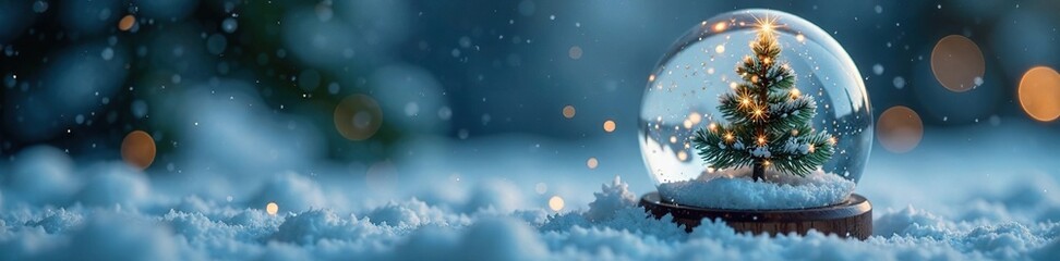 A small Christmas tree is submerged in a swirling snow globe filled with sparkling ice and frosty atmosphere, decorative tree, sparkling ice