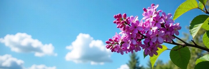 Fototapeta premium Double purple lilac blooms on a tree branch against a bright blue sky with fluffy clouds, flowers, lilac