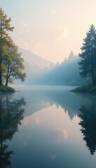 Fototapeta premium Serene lake surface reflected in a misty morning atmosphere, with gentle trees on the shore, calm, serene, water