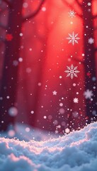 Elegant red snowflakes falling in a frosty winter sky, gentle, red hue