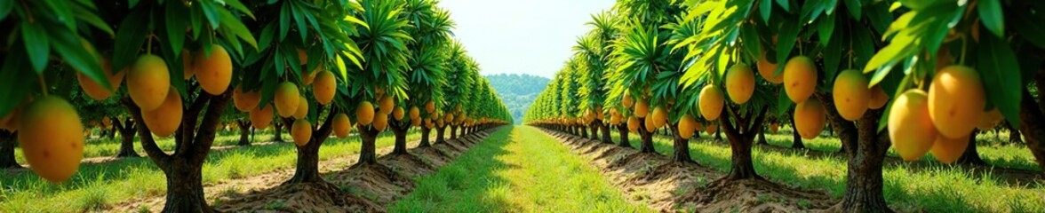 Obraz premium Wide shot of a vast mango orchard with identical trees, scenery, nature, botanical