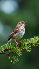 Song sparrow perches on a branch of a coastal fir tree, singing, birdsong, landscape