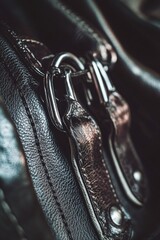 A close-up shot of a black leather purse with intricate details