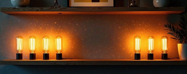 Vintage inspired decorative lighted tubular retro incandescent lamps on wall shelves, lighted,