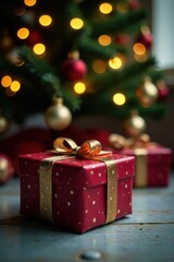 A small gift hidden behind the Christmas tree lights, , gift