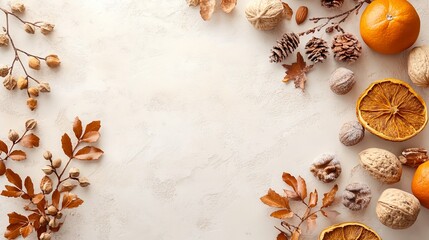 Dried fruits and nuts laid on a light-colored background, with plenty of space for adding your own text or images.