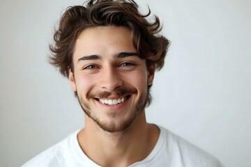 Fototapeta premium Portrait of young Hispanic man with wavy brown hair and beard wearing white t-shirt, showing genuine bright smile against light background, perfect for lifestyle and wellness advertising.