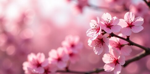 A field of pink cherry blossoms swaying gently in the breeze, pink flowers, swaying, cherry blossoms