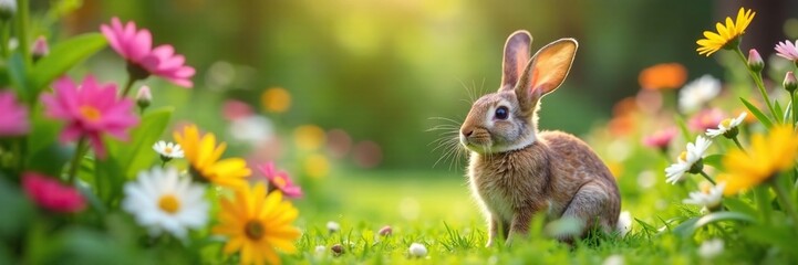 Fototapeta premium Bunny in a garden with flowers blooming around it, farm, garden