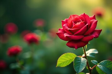 Fototapeta premium Fresh red roses with dewy leaves and stems in a garden early morning, botanical, blossom, plant