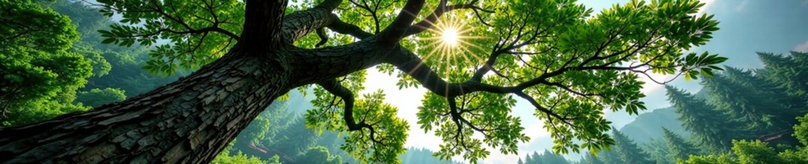Obraz premium Ancient tree branches stretch towards the sky, bark, leaves, forest