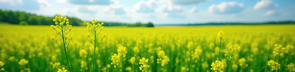 Obraz premium Green fields of blooming rapeseed with yellow petals, flowers, green fields