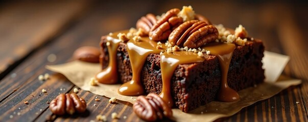 Chocolate fudge brownie topped with caramel and crushed pecans, brownie toppings, nutty crunch