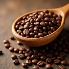 Fototapeta premium Fresh roasted coffee beans in a shallow wooden basket on a rustic background, coffee, rustic