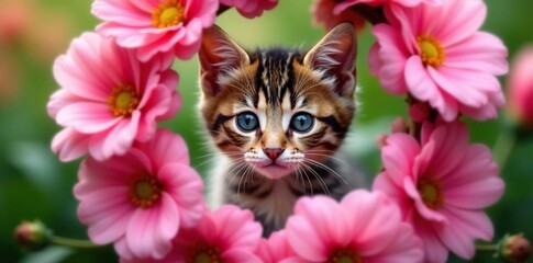 Kitten peeking out from behind a pink flower wreath with a few loose leaves, flower, kitten, garden