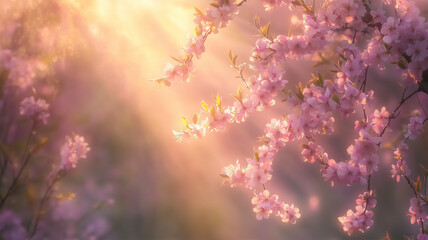 梅の枝間に差し込む光と咲き誇る花の美