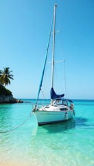 Boat anchored in shallow water with sail partially raised, harbor, harbor, sailboat