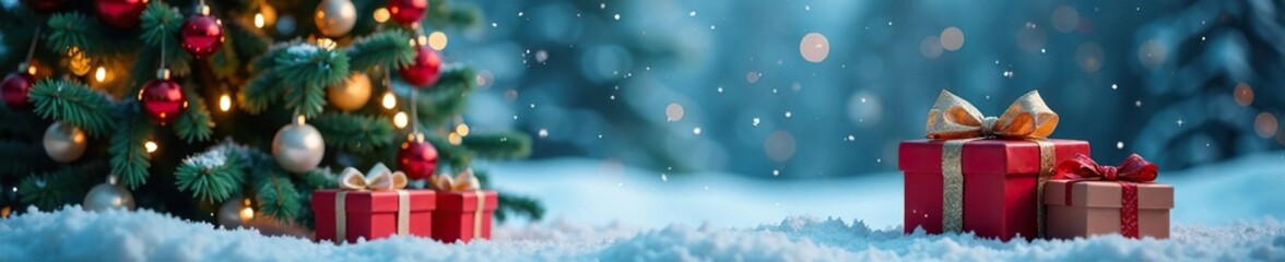 Colorful Christmas tree against a winter background with gift boxes, present boxes, snowy background