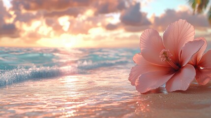Pink hibiscus flower resting on sandy beach during sunset near gentle waves and colorful clouds