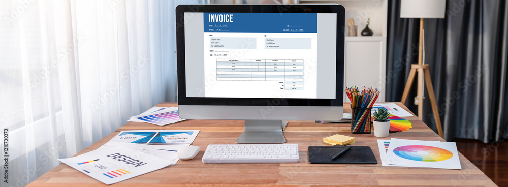 Poster invoice on computer screen from accounting application. computer program for financial and budget of