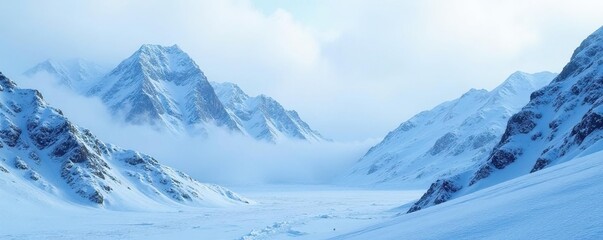 Snow-covered mountains with a misty atmosphere and frosty textures, frostbite, snowy
