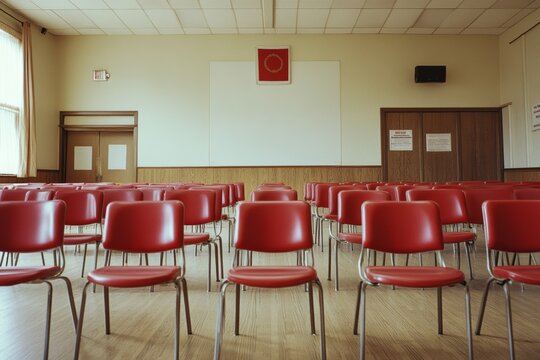 An empty classroom with rows of red chairs and a blank whiteboard captures anticipation and potential.