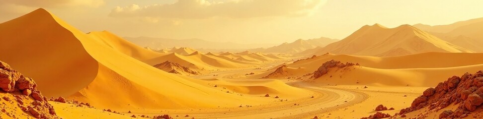 Desert dunes with yellow sand texture, clay and stones, and a large yellow stove in the distance, terracotta, yellow stove