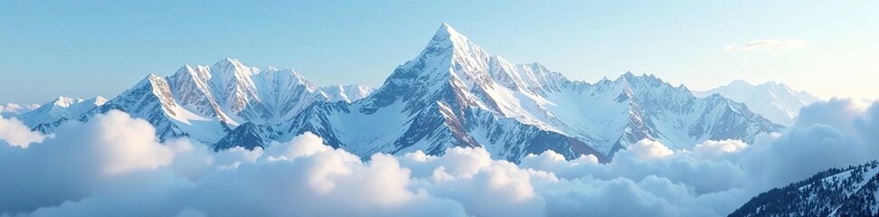 Fototapeta premium Mountain range with snow covered peaks above clouds, mountains, wilderness