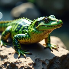Fototapeta premium Large green crocodile newt on a rocky surface, robust, amphibian, Himalayan