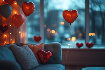 A cozy living room filled with balloons for a party or celebration