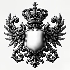 Ornate royal crest illustration with elaborate crown, shield. Decorative flourishes, wings add regal elegance. Monocromatic design creates formal, vintage aesthetic. Intricate details suggest baroque