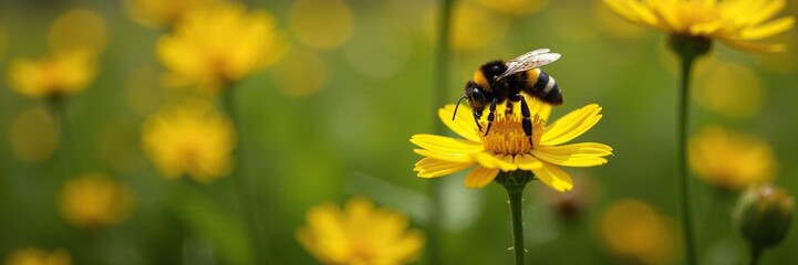 Black and yellow striped bee hovering around a wildflower, pollinators, black